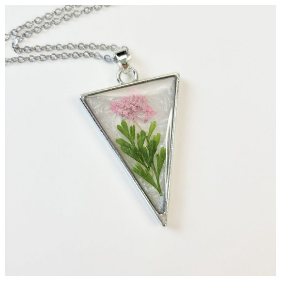 Floral Pendant Necklace Pastel Pink Green and Pearl White Pressed Dried Flowers - Picture 3 of 10